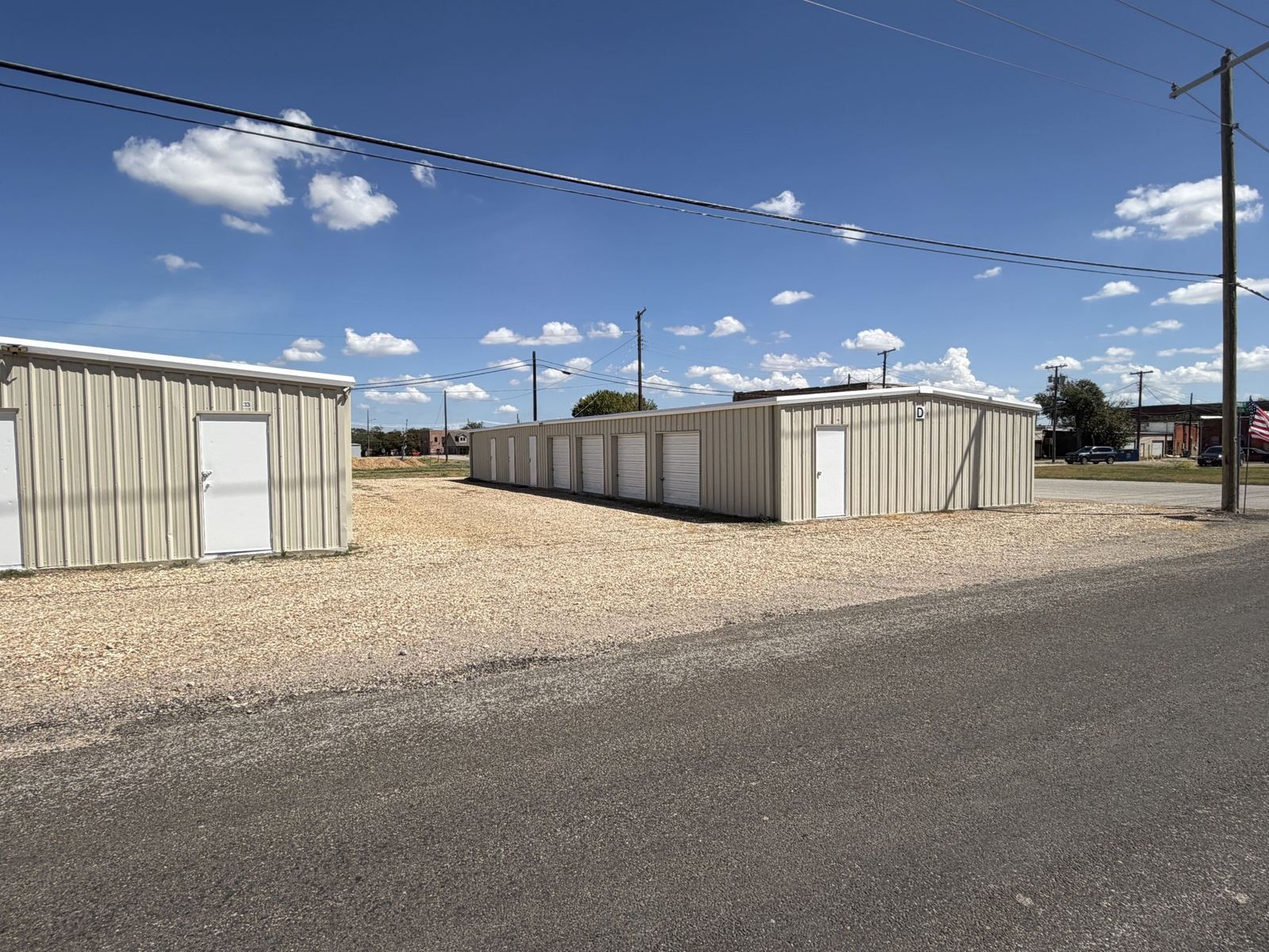 Storage buildings D and 33 with gravel drive